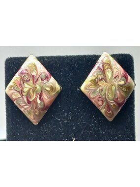VTG Enamel Swirl Diamond-Shaped Pierced Earrings Multicolor 1.5" Light Wt #J1-Pi